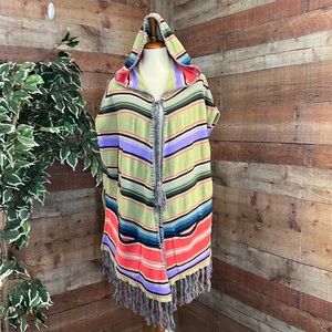 Anthropologie Moth Green Stripe “Calexico” Fringe Poncho Cardigan